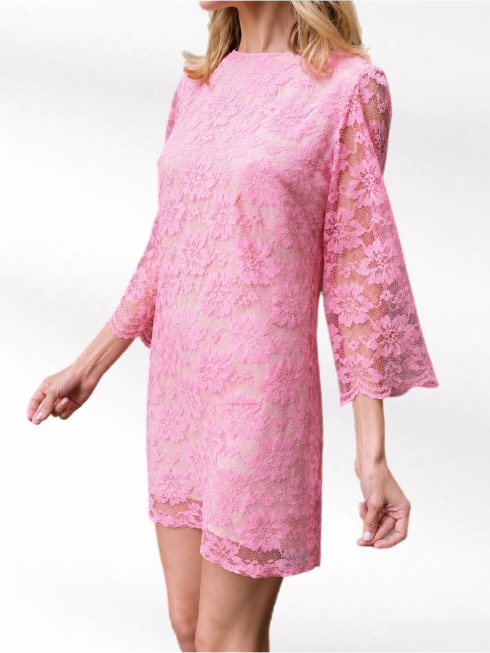 VTG 60s Neon Hot Pink Floral Lace Shift Mini Dress • Nude Slip • 3/4 Sleeve • S - Picture 4 of 16